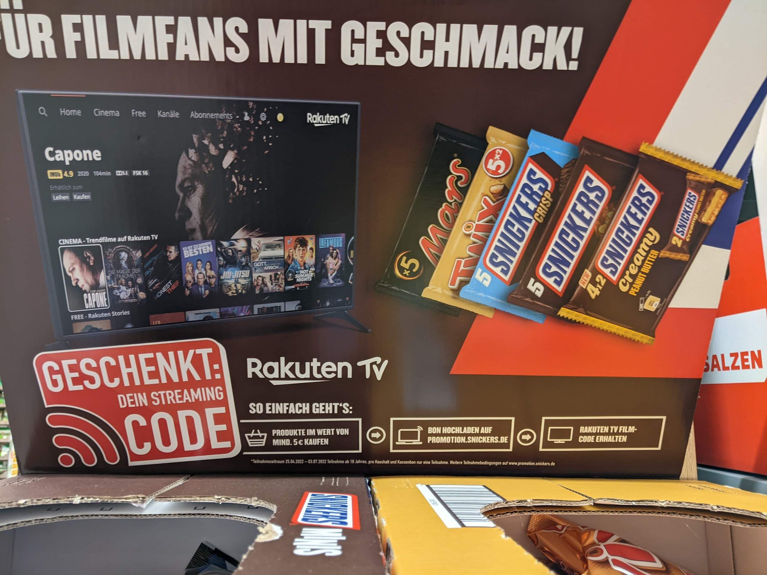 Mars, Snickers, M&Ms, Bounty, Twix, Milky-Way, Maltesers für 5 Euro kaufen - Streaming-Code gratis für Rakuten TV - Kassenbon hochladen