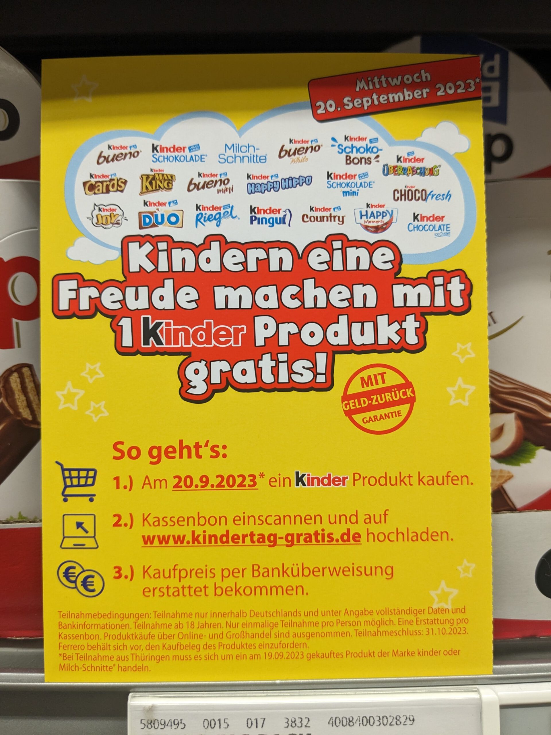 Ferrero Kindertag Gratis Aktion 2023: 1 Kinder-Produkt kostenlos am 20.9.23 - Kassenbon hochladen